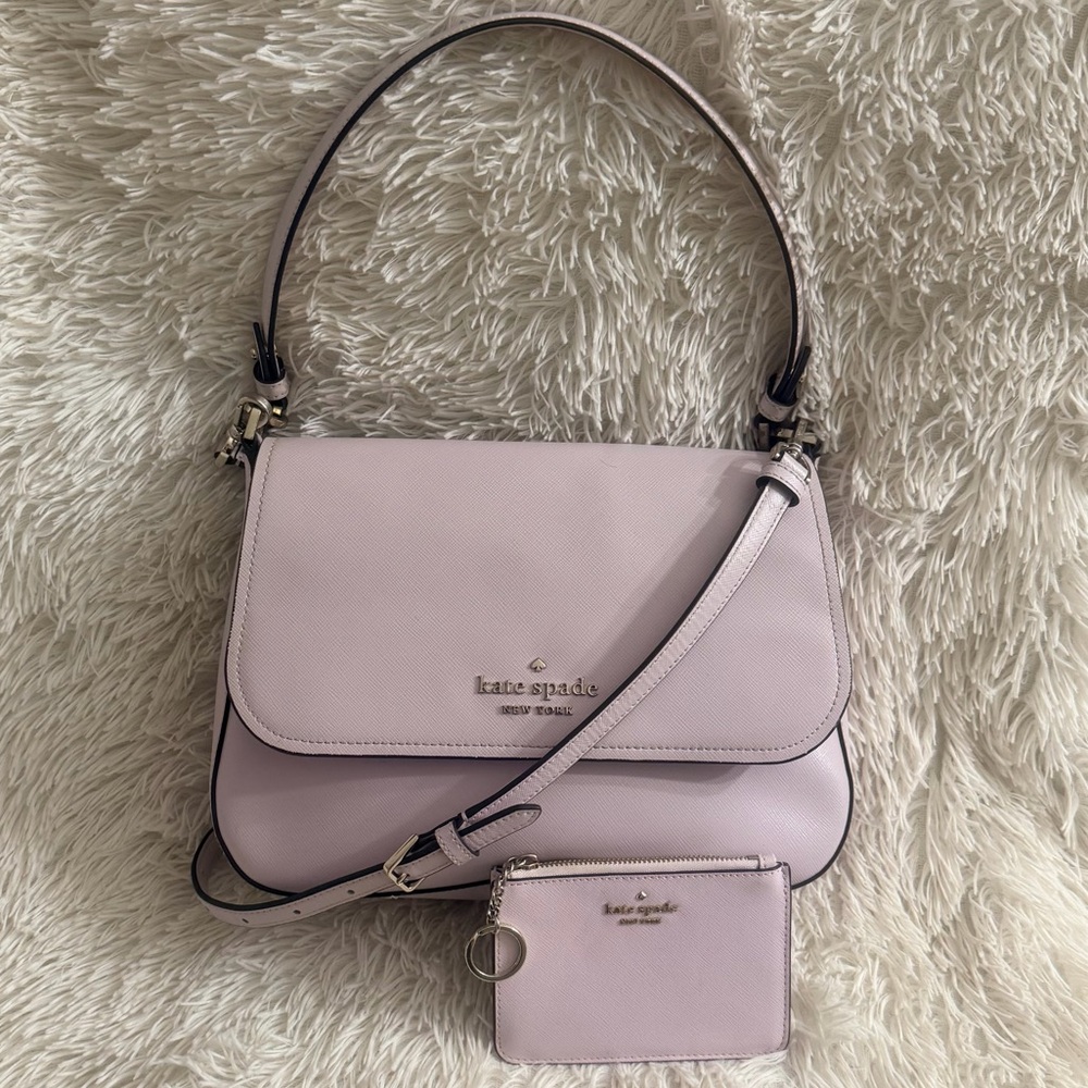 Kate Spade Staci Saffiano Leather Flap Shoulder Bag in Lilac Moonlight W/Wallet